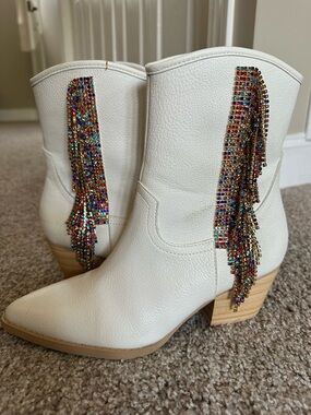 White Women's Western Ankle Boots with Multicolor Rhinestone Fringe 7.5